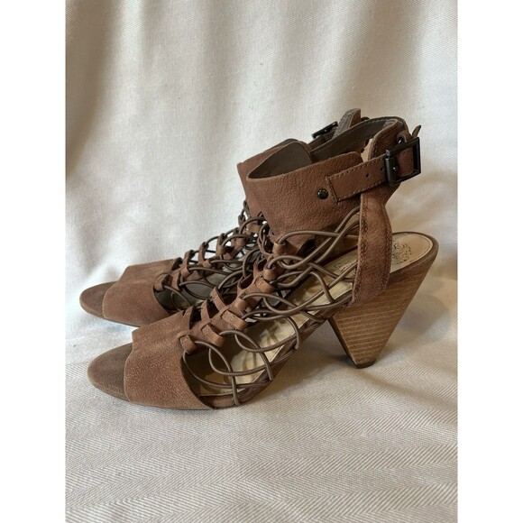 Vince Camuto Brown Suede Gladiator Cone Heel Sandals Size 8.5 - Picture 1 of 6
